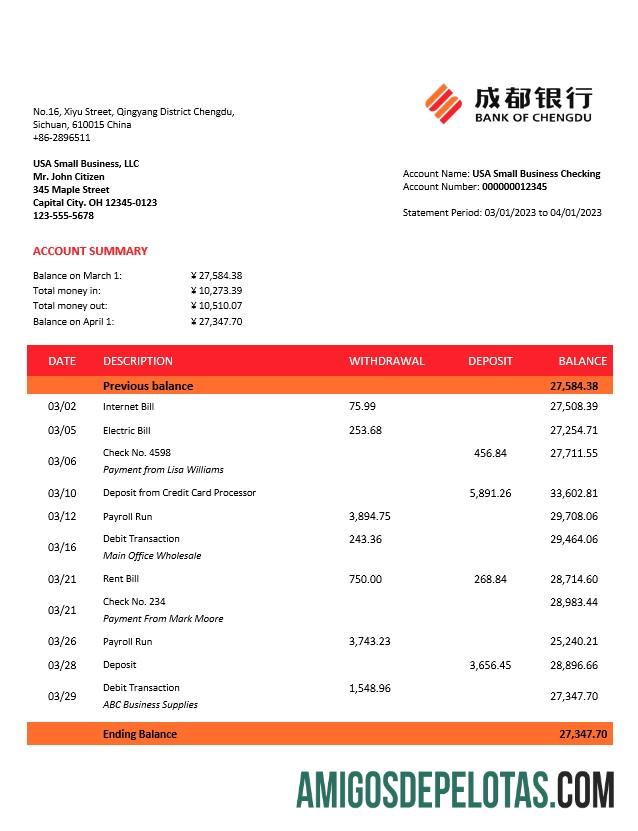 Baixável Bank Of Chengdu Business Statement Modelo Word e PDF